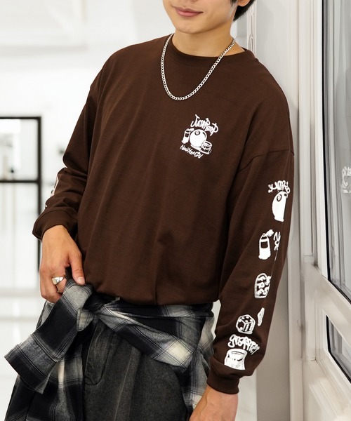 tシャツ ワイド グラフィック 長袖 Tシャツ 袖 ロゴ バックプリント