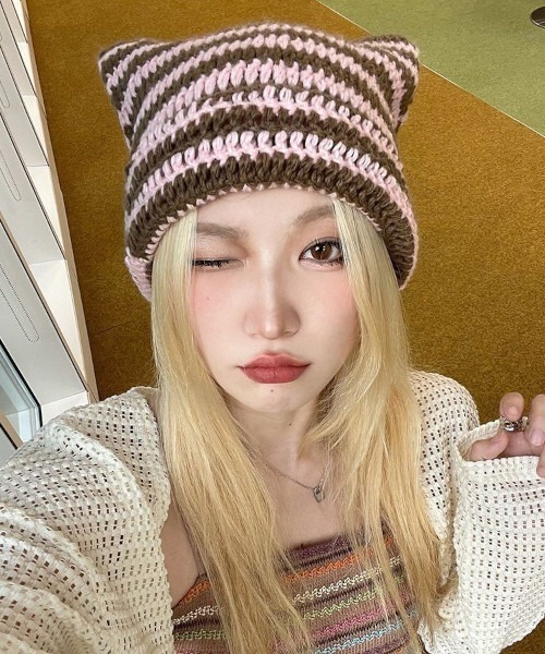 ARCHIVER キャップ 帽子 「Bz」ボーダーニットキャップ 猫耳 Y2K(MA