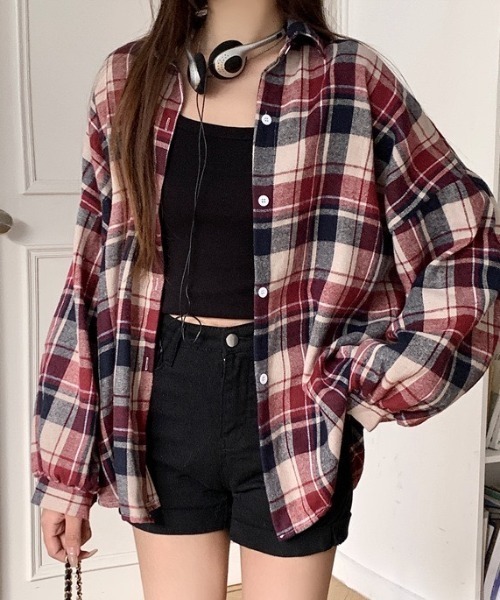 ブラウス シャツ オーバーサイズチェック長袖シャツ レディース