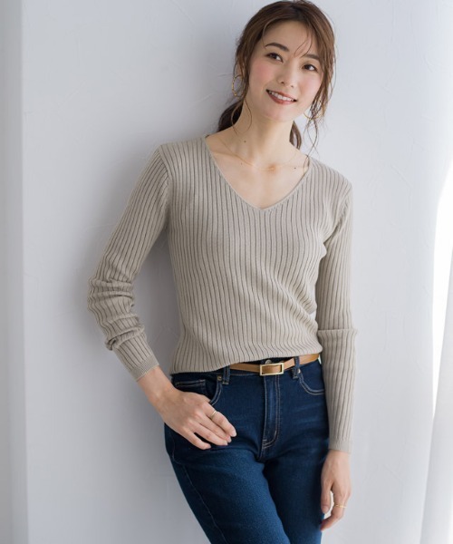 Pierrot（ピエロ） ニット セーター 綿混リブニット Vネック