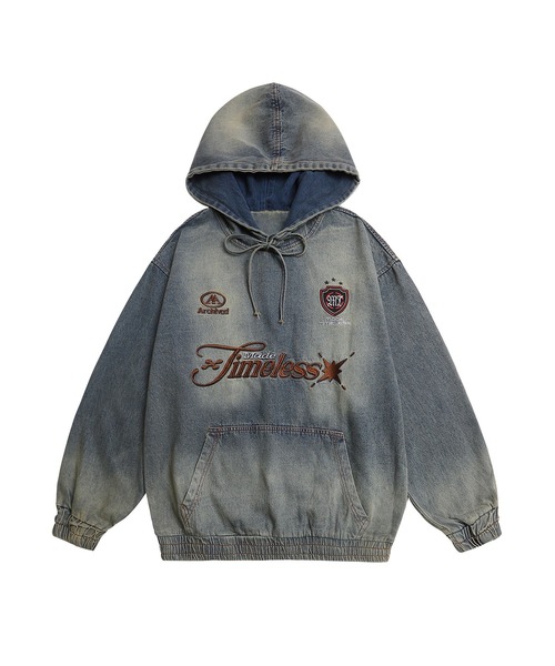 パーカー HOOK -select- 刺繍デニムプルオーバーパーカー メンズ