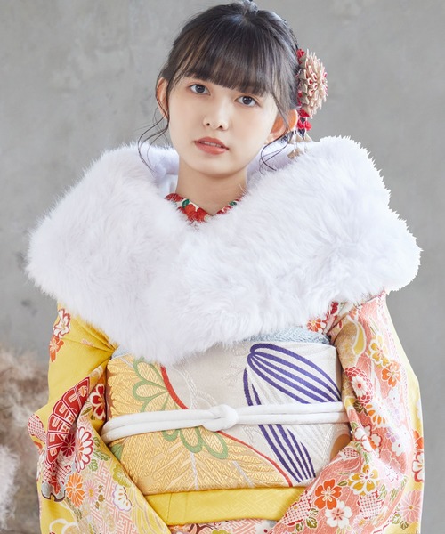 KIMONOMACHI レディース 成人式 ショール「ホワイト・ブラック・グレー