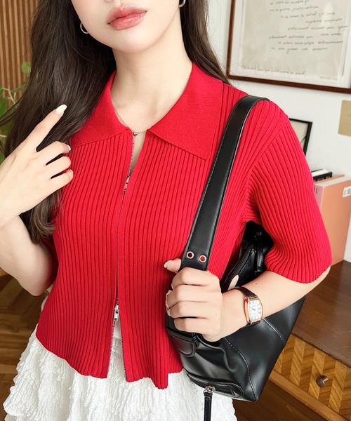 moment+ カーディガン Wジップ衿付き半袖ニットカーディガン