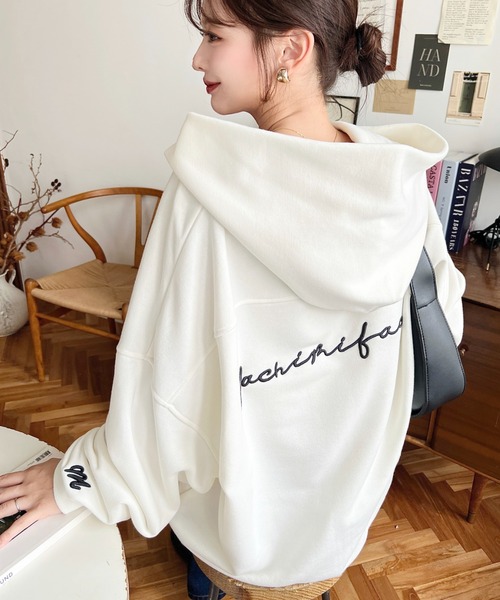 パーカー TC裏毛袖ワンポイントバック刺繍ジップアップパーカー