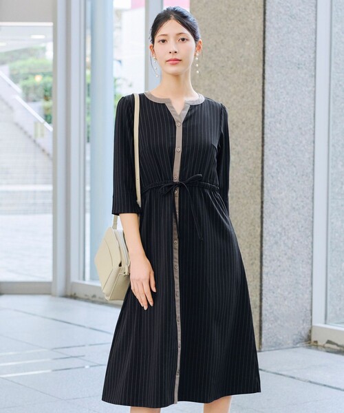 Tiaclasse ワンピース 「新色追加・洗える」配色キーネックストライプ