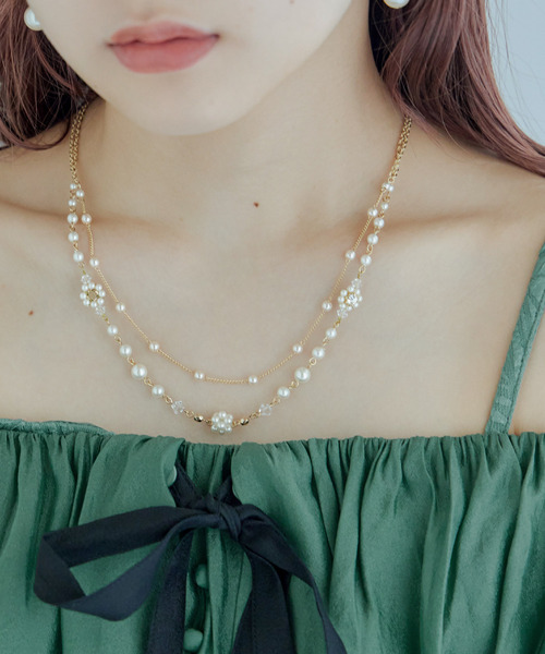 niana（ニアナ） ネックレス フラワーパールビーズ2連ネックレス
