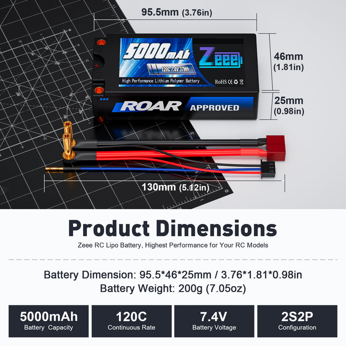Zeee 2S Shorty Lipo Battery 5000mAh (Roar Approved) 7.4V 120C with 5mm