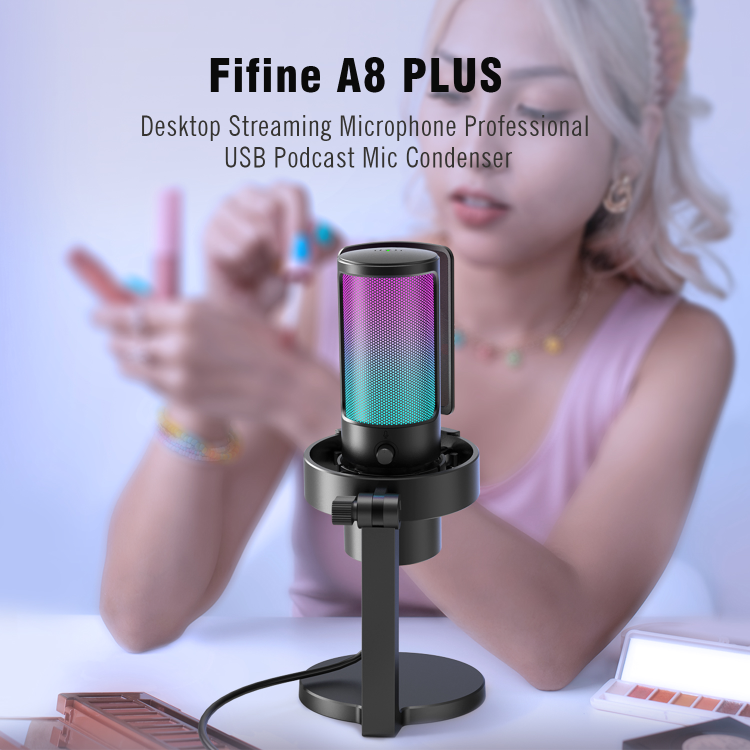 FIFINE Ampligame A8 PLUS USB マイク、制御可能な RGB、3 カプセル 4