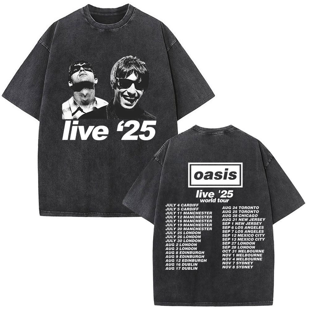 Rock Band O-Oasis Live 25 Tour Vintage Washed T-Shirts Men Women