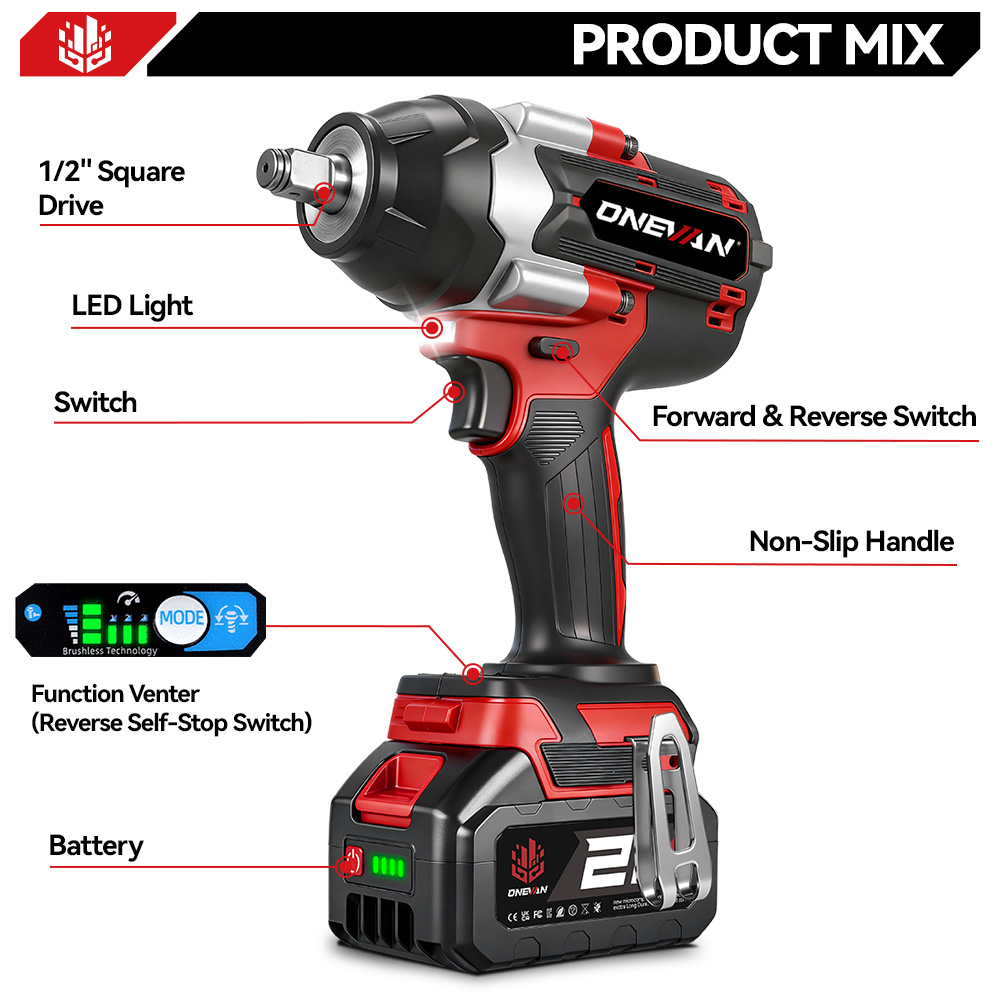 ONEVAN 1800N.M Brushless Electric Impact Wrench 1/2 Inch Lithium