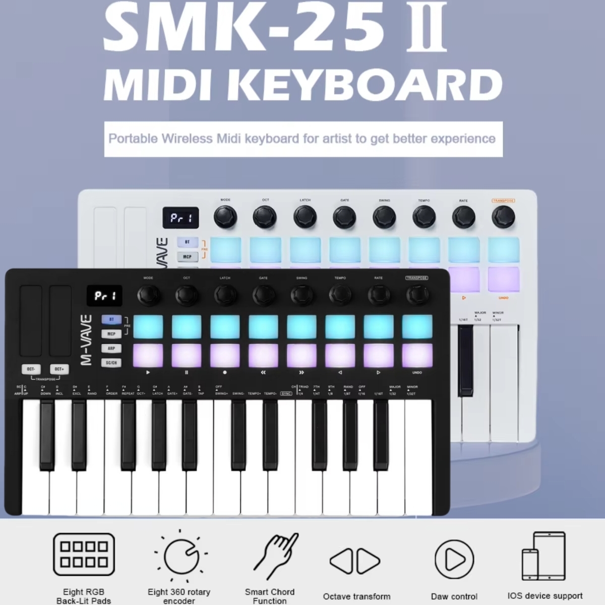 M-VAVE SMK-25 II MIDI Pad Controller Keyboard USB Mini 25 Key,16