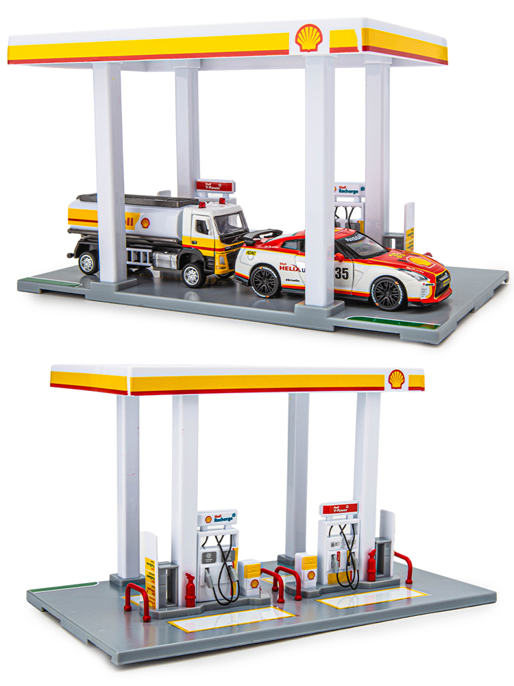 1:64ガスステーションのおもちゃモデル,gulf & shellミニカー,子供向け