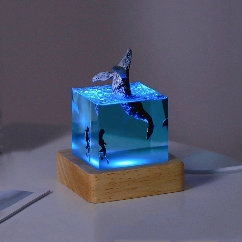3D Marine Whale Cube LED Table Lamp Resin Decorations Novelty