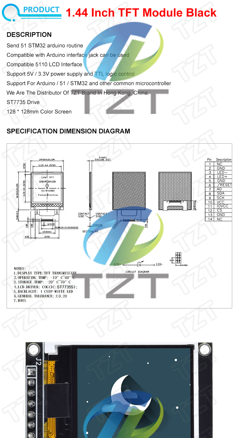TZT 1.44/1.77/2.0/2.4/2.8 Inch TFT Color Screen LCD Display Module
