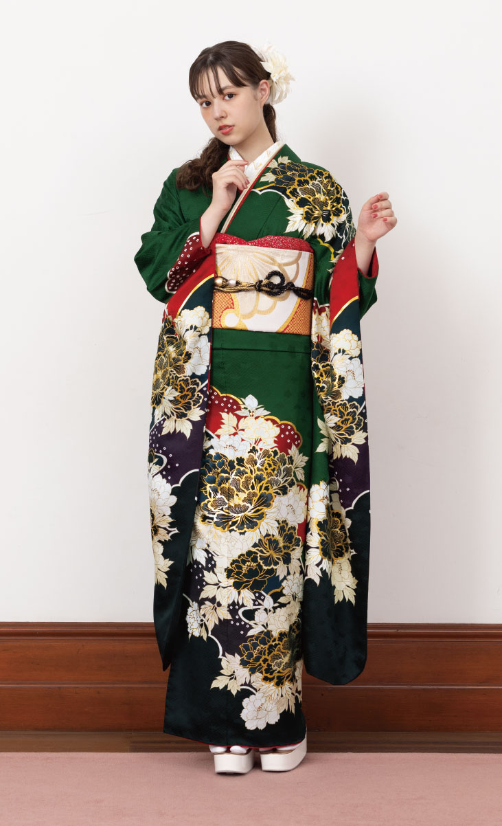 K123－成人式振袖（緑・グラマラス柄）｜振袖専門店あかね(石川県小松市)