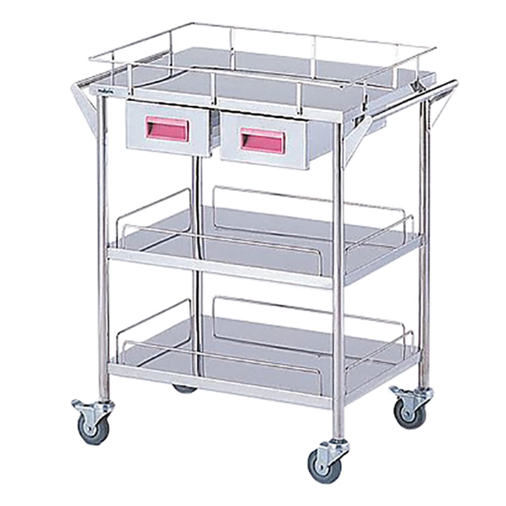 8-2529-02 ストレージステンレスカート 3段 ピンク (幅600mm/引き出し2