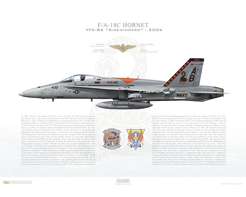 Aircraft profile print of F/A-18C Hornet VFA-86 Sidewinders, AB400