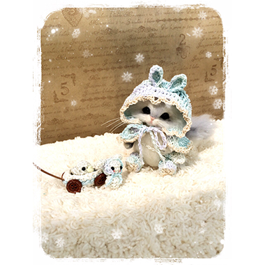 羊毛フェルト猫／チンチラシルバー／うさ耳ポンチョ｜手編みと手芸の