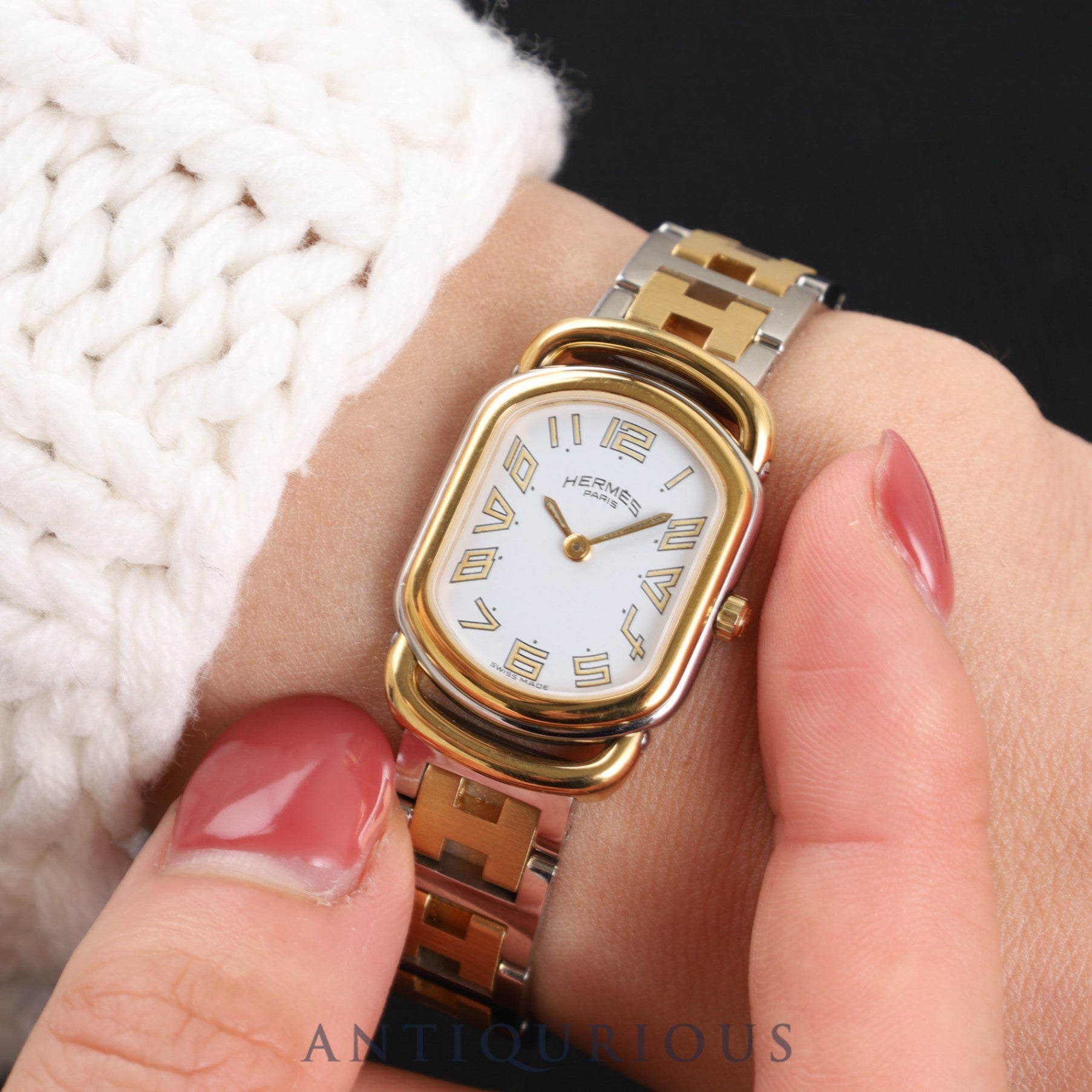 エルメス ラリー 77.03 クォーツ Cal.976.001 SS/GP ホワイト文字盤 箱