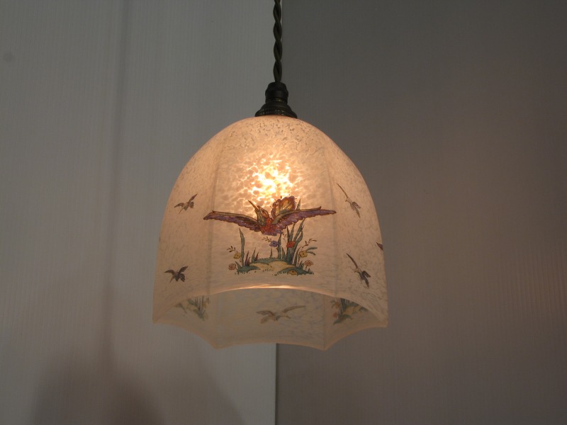 イギリス製 1940年頃のランプシェード 鳥の絵付け（4月06日