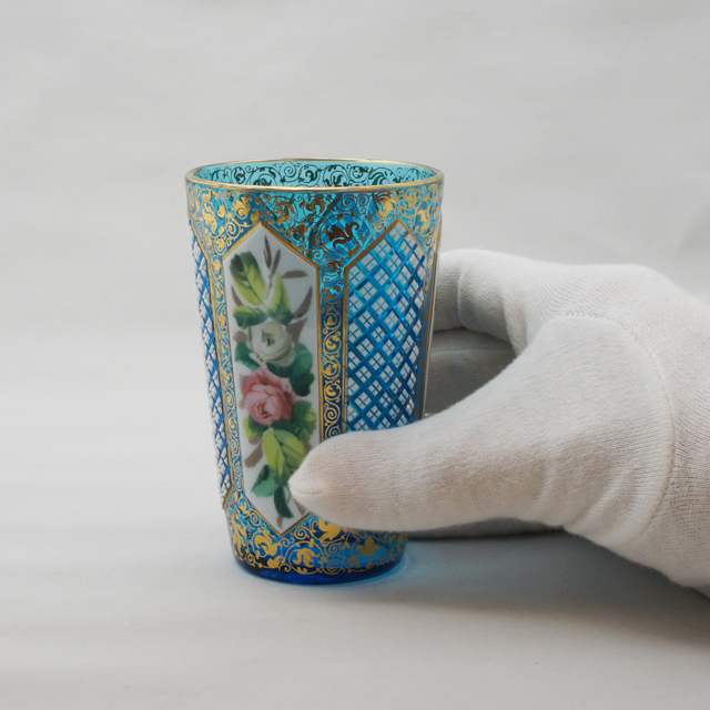 モーゼル「ブルーガラス エナメル金彩装飾 ゴブレット 高さ10cm（約