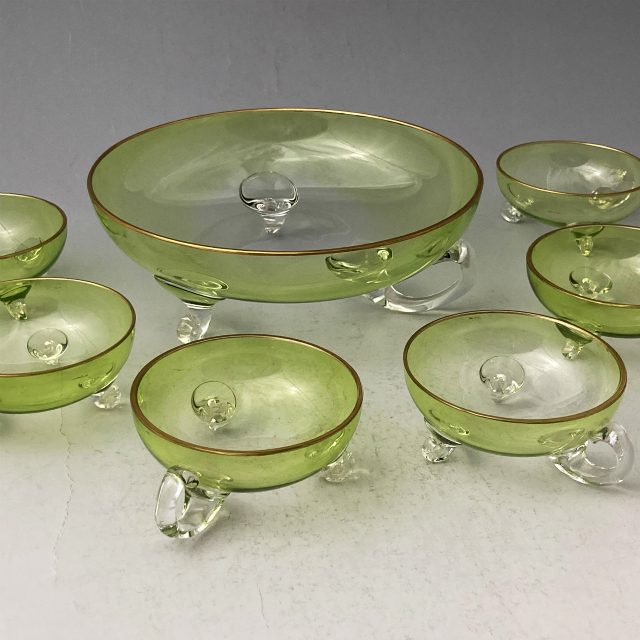 フランス「(仏)グリーンガラス フルーツポンチセット（6客&大鉢