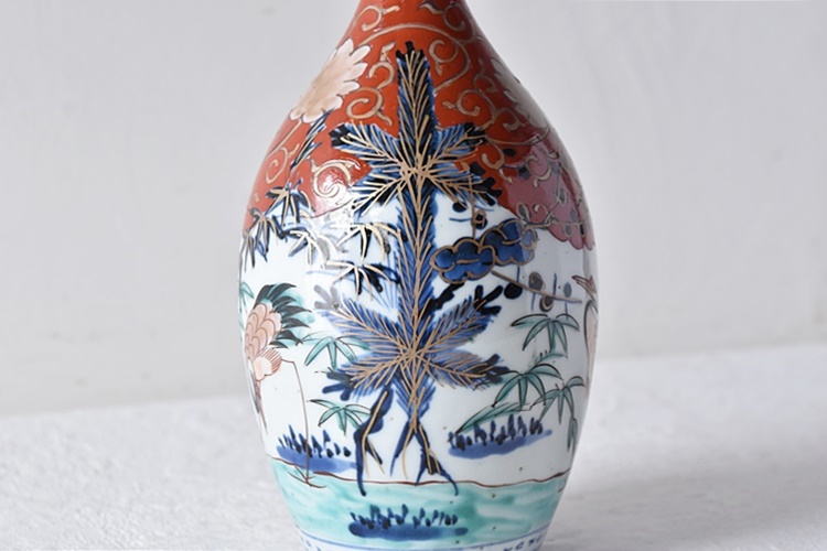 古伊万里 色絵 鶴 松竹 花唐草 鶴首徳利 お神酒徳利 - 生活骨董と古布