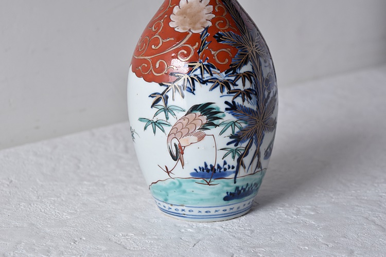 古伊万里 色絵 鶴 松竹 花唐草 鶴首徳利 お神酒徳利 - 生活骨董と古布