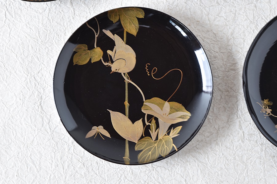 天然木製漆塗 時代蒔絵 花鳥 図変わり 菓子皿 5枚セット No.2 - 生活