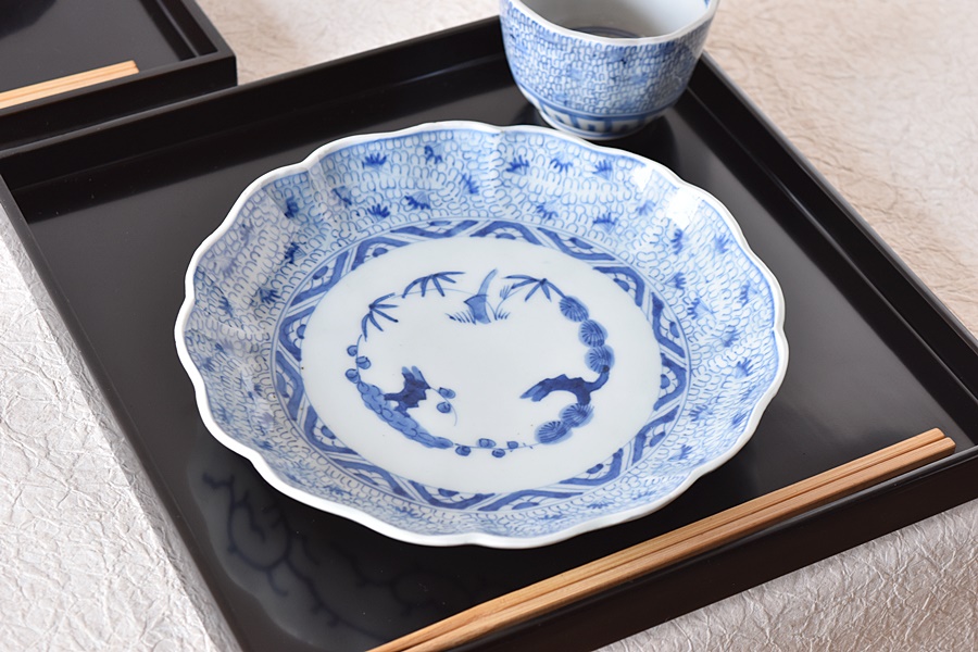 古伊万里 微塵唐草染付7寸5枚セット（太明成化年製）貴重 y033 古