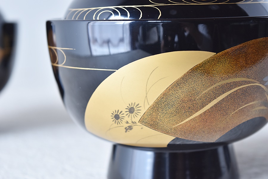 輪島塗 扇面蒔絵 松竹梅蘭菊 流水 雑煮椀 5客セット - 生活骨董と古布