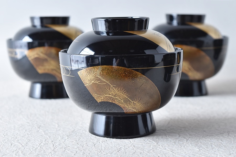 輪島塗 扇面蒔絵 松竹梅蘭菊 流水 雑煮椀 5客セット - 生活骨董と古布