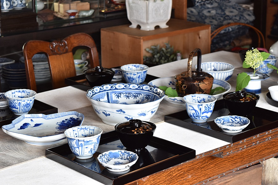 王地山焼 染付 芙蓉手 古染付写し 三田焼 向付 5客セット（内1客傷