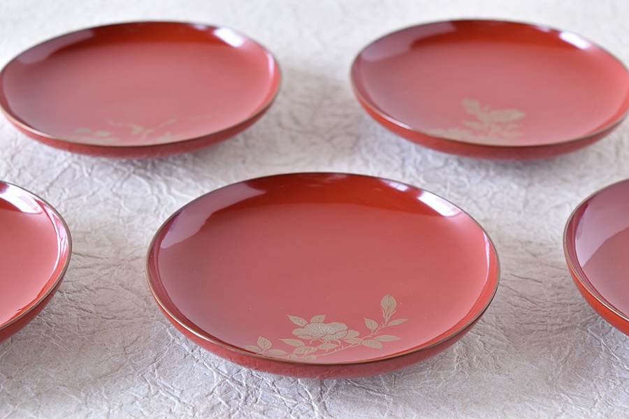 時代蒔絵 天然木製漆塗 図変わり花模様 引き盃 5枚セット その二