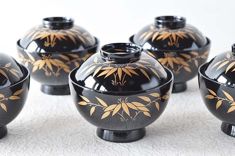 天然木製漆塗 在銘 輪島塗 竹金蒔絵 吸物椀5客セット - 生活骨董と