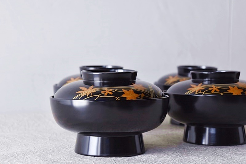 輪島塗 あみめ煮物碗 紅葉と桜 5客セット - 生活骨董と古布の