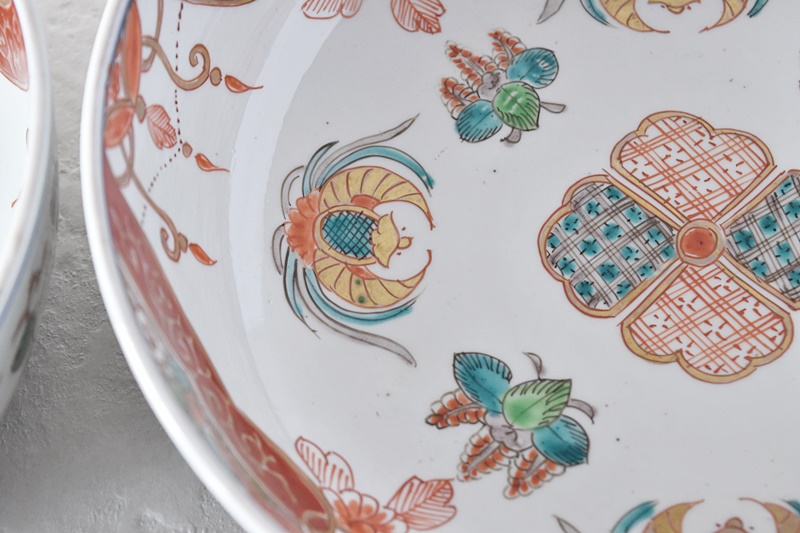 伊万里 色絵 桐に鳳凰 瓔珞模様 二重高台 三つ鉢 大 - 生活骨董と古布