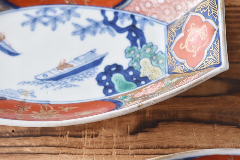 伊万里 色絵 赤絵 船に釣り人 冨貴長春 舟皿 変形長皿 5客セット