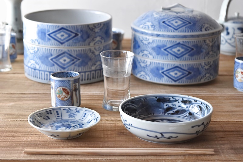 古伊万里 染付 龍と牡丹花 渦福文 膾皿 - 生活骨董と古布の