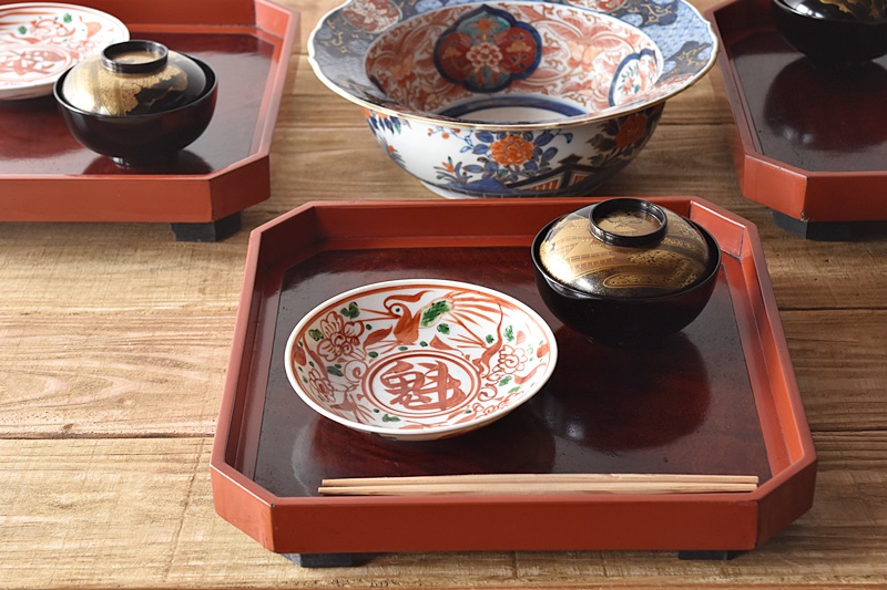 九谷 呉須赤絵花鳥魁字 角福文 5.5寸皿 5枚セット - 生活骨董と古布の