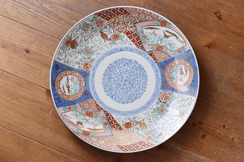 伊万里 色絵 唐獅子牡丹 波に鶴 46㎝ 大皿 - 生活骨董と古布の