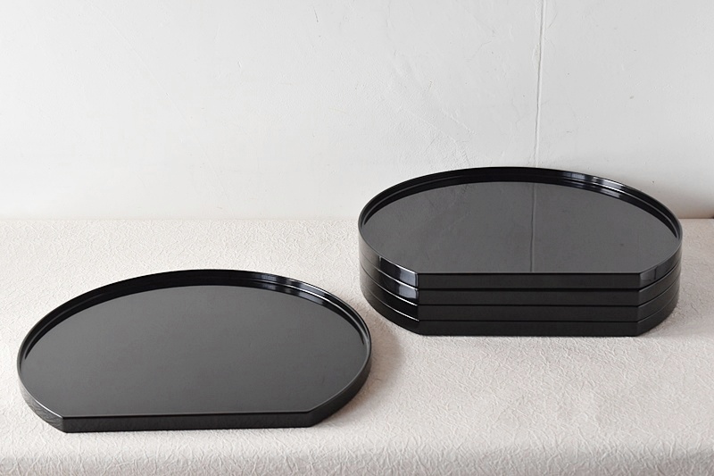 天然木製漆塗 輪島塗 黒塗り半月盆 5客セット - 生活骨董と古布の