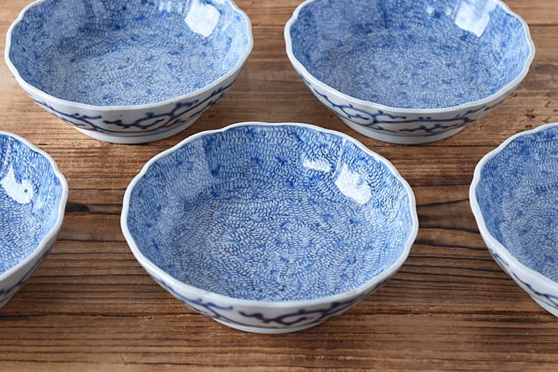 古伊万里 染付 総微塵唐草模様 成化年製文 輪花型 膾皿 5客セット