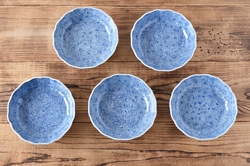 古伊万里 染付 総微塵唐草模様 成化年製文 輪花型 膾皿 5客セット