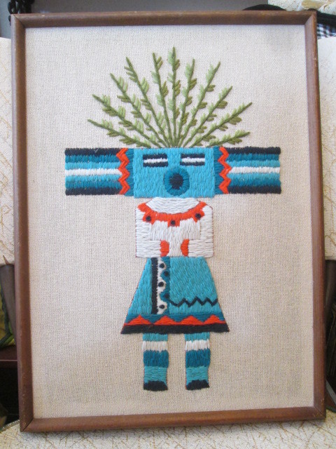 60's〜70's ネイティブアメリカン カチナ 精霊刺繍の壁掛けUSA