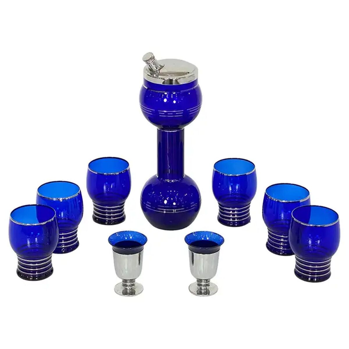 Art Deco Era Cobalt Blue Glass Barbell Martini Cocktail Shaker Set