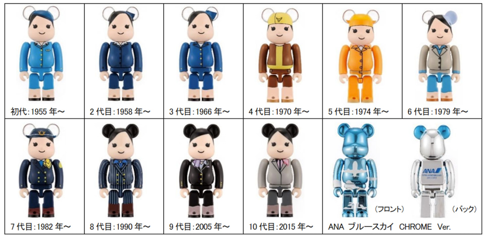 ANA、歴代CA制服と創立70周年記念ベアが11体セットになった「BE@RBRICK