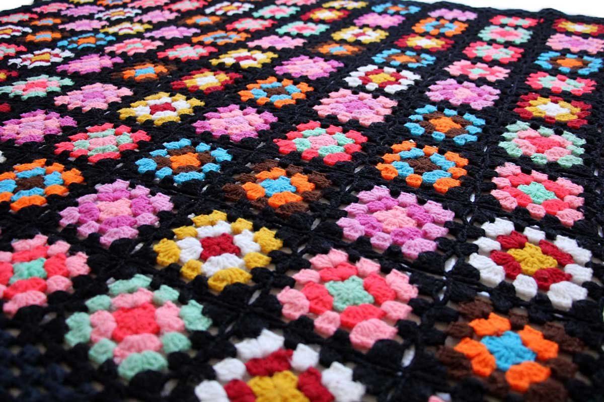 BQJO クロシェ ニット ラグ ビンテージ グラニースクエア マルチカラー