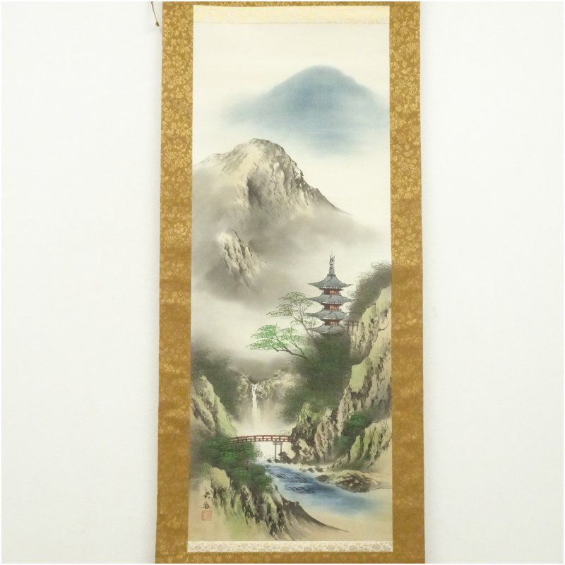 栄進筆 彩色山水 肉筆絹本掛軸（中島清堂識箱） 掛け軸 床の間 書