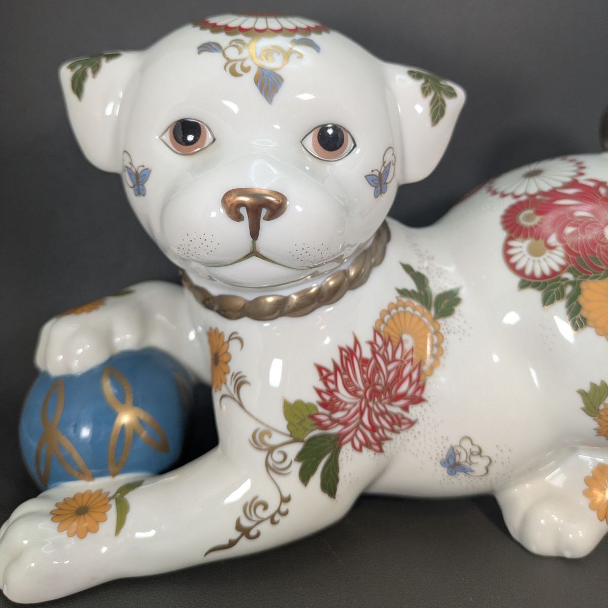 日本製】縁起物 フランクリンミント 犬 置物 薩摩焼 花柄 陶器人形